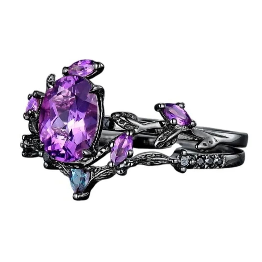 Oval Shape Amethyst Black Engagement Wedding Ring Set In Rhodium black plating
